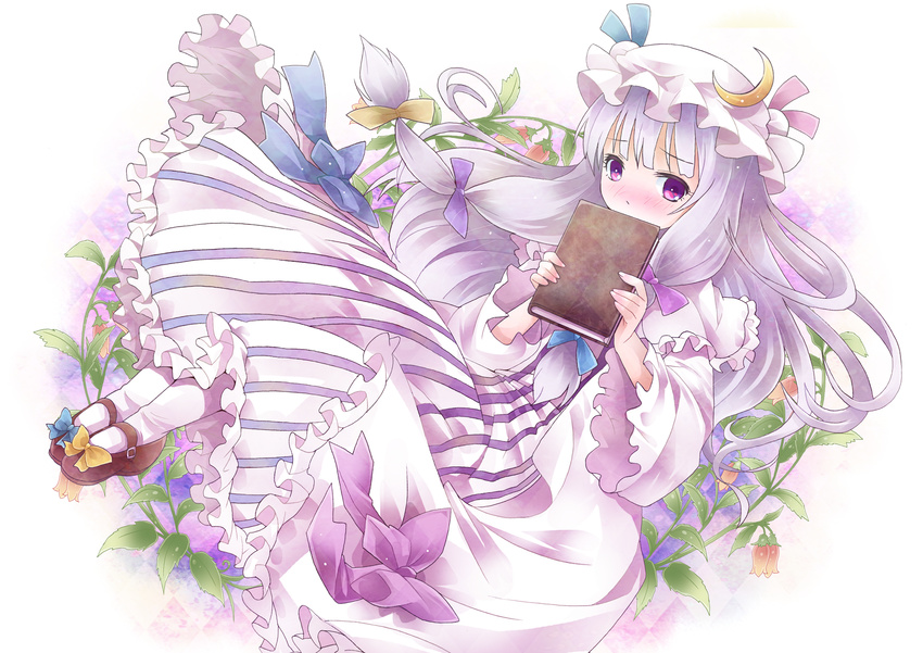 bad_id bad_pixiv_id book covering_mouth crescent floral_background hat highres long_hair mary_janes michii_yuuki pantyhose patchouli_knowledge purple_eyes purple_hair robe shoes shy solo striped touhou white_legwear
