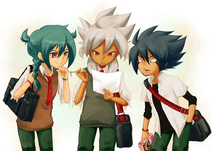 3boys androgynous baddap_sleed black_eyes blue_hair braid dark_skin eska_bamel frown green_hair hand_in_pocket inazuma_eleven inazuma_eleven_(series) long_hair male male_focus mistorene_callus multiple_boys open_mouth paper purple_eyes red_eyes school_uniform short_hair smile tattoo trap white_hair