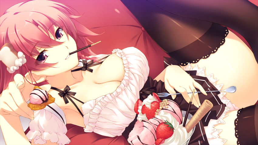 breasts chocolate cleavage dutch_angle food fork fruit game_cg hoshi_no_ouji-kun large_breasts legs mouth_hold panties parfait pocky qp:flapper red_eyes red_hair skirt solo spoon strawberry thighhighs thighs underwear waitress