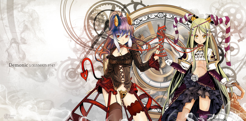 asymmetrical_clothes blonde_hair brown_eyes clock corset demon_girl garter_belt gloves highres horns hoshinokaoru jewelry lock long_hair multiple_girls necklace original pointy_ears ponytail purple_hair red_eyes ribbon succubus tail thighhighs very_long_hair