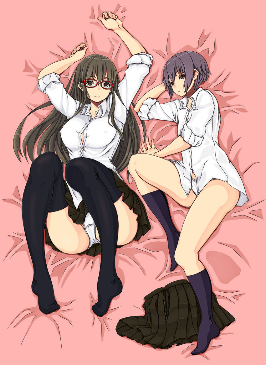 bad_proportions black_eyes black_legwear blouse breasts brown_eyes brown_hair dakimakura full_body glasses grey_hair highres joy_(joy-max) jpeg_artifacts kneehighs knees_on_chest large_breasts looking_at_viewer lying multiple_girls on_back on_side original panties pantyshot pantyshot_(lying) pleated_skirt red-framed_eyewear school_uniform skirt sleeves_rolled_up smile thighhighs thighs underwear white_panties wide_hips