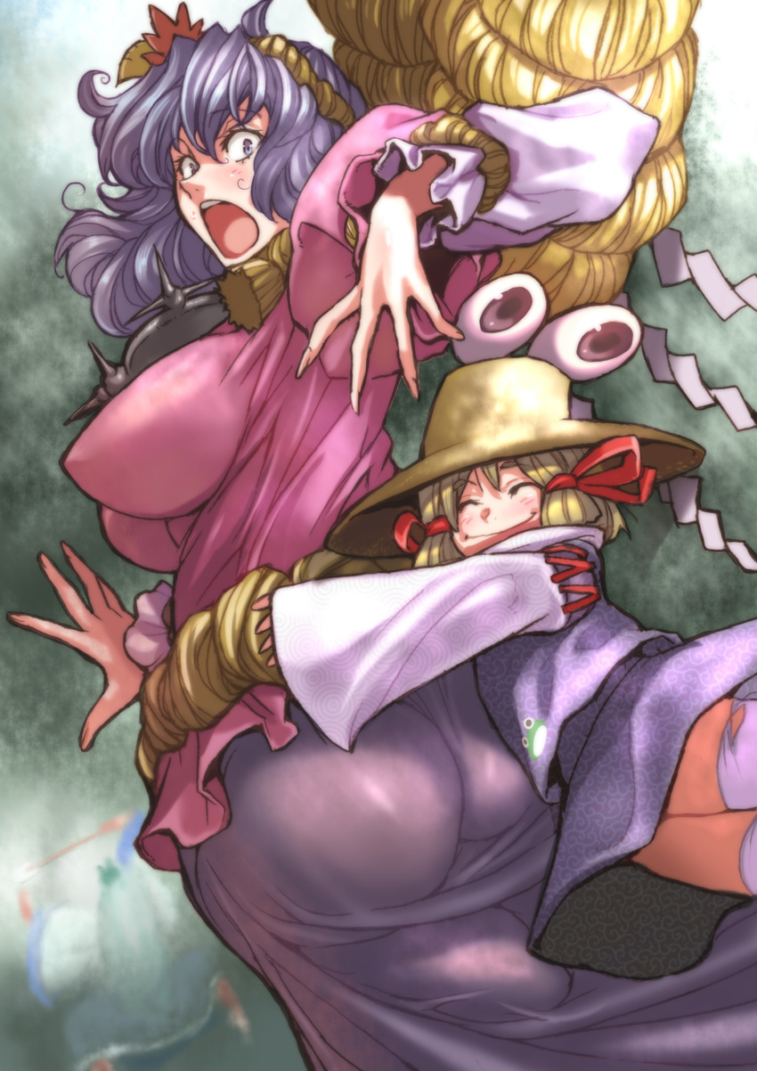 &gt;:( 3girls ^_^ absurdres angry arm_up ass bad_id bad_pixiv_id big_hair blonde_hair blue_eyes blue_hair blush breasts butt_crack closed_eyes covered_nipples forest from_behind from_below frown glomp green_hair hair_ornament hair_ribbon hat height_difference highres hug hug_from_behind huge_breasts impossible_clothes impossible_shirt kochiya_sanae long_hair long_skirt looking_back moriya_suwako multiple_girls nature open_mouth outdoors purple_hair ribbon rope shide shimenawa shirt skirt sleeves_past_wrists smile surprised thighhighs touhou v-shaped_eyebrows vest warainaku wavy_hair wedgie wide_sleeves yasaka_kanako zettai_ryouiki