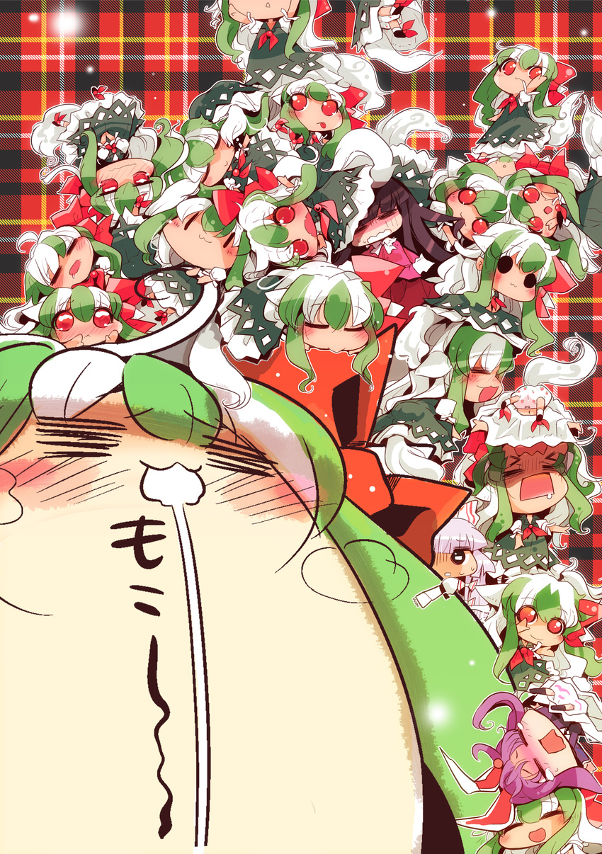 absurdres bad_id bad_pixiv_id blush bow chibi clone ex-keine fujiwara_no_mokou green_hair highres houraisan_kaguya kamishirasawa_keine multicolored_hair multiple_girls red_eyes reisen_udongein_inaba tail touhou translated two-tone_hair usoneko white_hair