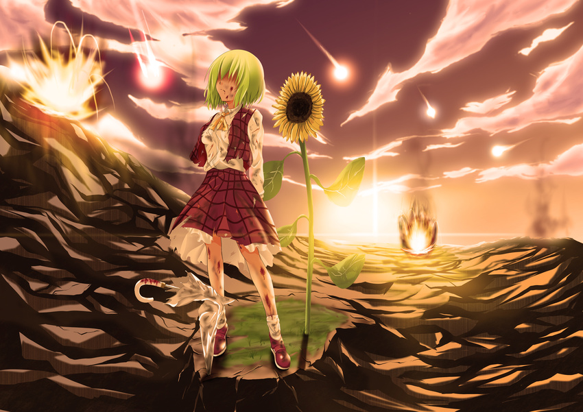 ascot blood blood_on_face blood_splatter broken closed_umbrella cuts fire flower green_hair hair_over_eyes hidden_eyes highres injury kazami_yuuka meteor orange_(meitoku) plaid plaid_skirt plaid_vest skirt skirt_set solo sunflower torn_clothes touhou umbrella vest