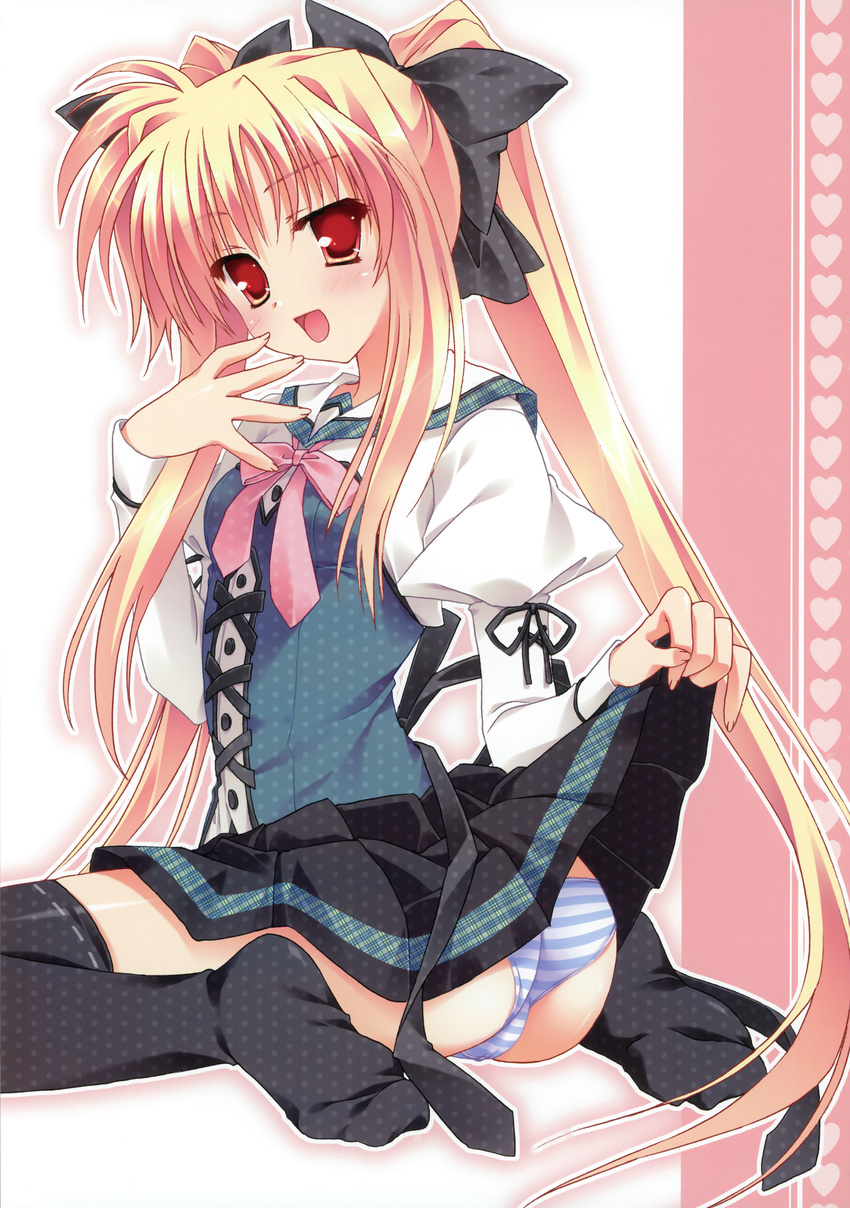 1girl absurdres ass black_legwear blonde_hair blush copyright_request highres hinamatsuri_touko long_hair looking_back mikoko mikoko_(game) panties pleated_skirt polka_dot polka_dot_legwear red_eyes school_uniform sitting skirt skirt_lift smile solo striped striped_panties susagano_karen thighhighs trefoil underwear very_long_hair wariza