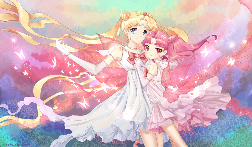 alternate_costume artist_name bad_id bad_pixiv_id bishoujo_senshi_sailor_moon blonde_hair blue_eyes bow bug butterfly chibi_usa crescent crescent_earrings doily dress earrings elbow_gloves facial_mark forehead_mark gloves hair_bun heart insect jewelry kaminary long_hair multicolored multicolored_background multiple_girls pink_eyes pink_hair pink_skirt princess_serenity red_bow skirt small_lady_serenity star tiara tsukino_usagi twintails very_long_hair white_dress white_gloves