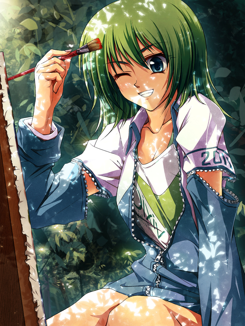 2011 art_brush blue_eyes canvas_(object) forest forfreedo green_hair grin highres nature oekaki_musume one_eye_closed original paintbrush pixiv shadow smile solo zipper