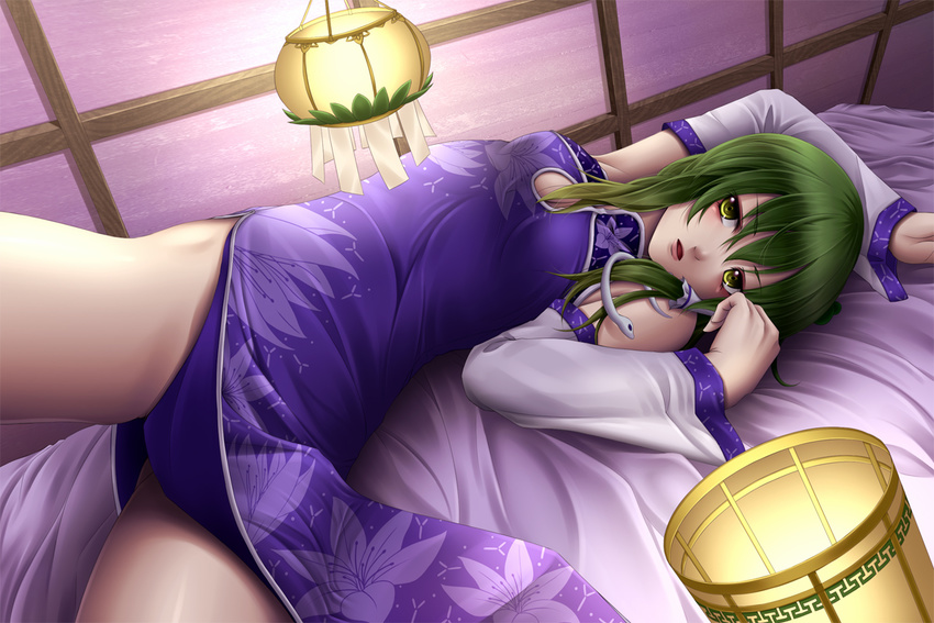 alternate_costume bad_id bad_pixiv_id bed china_dress chinese_clothes detached_sleeves dress frog green_hair hair_ornament kochiya_sanae lamp long_hair lying mochi.f on_back side_slit snake solo touhou yellow_eyes