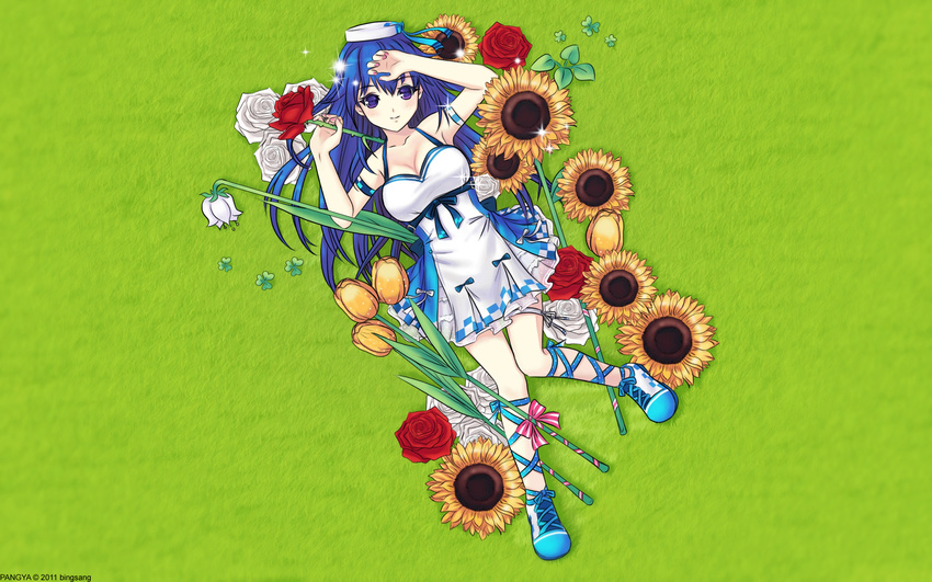 ankle_lace-up arin armpits bare_shoulders bingsang blue_hair breasts cleavage clover cross-laced_footwear dress flower grass hat highres long_hair lying medium_breasts pangya purple_eyes shoes smile solo