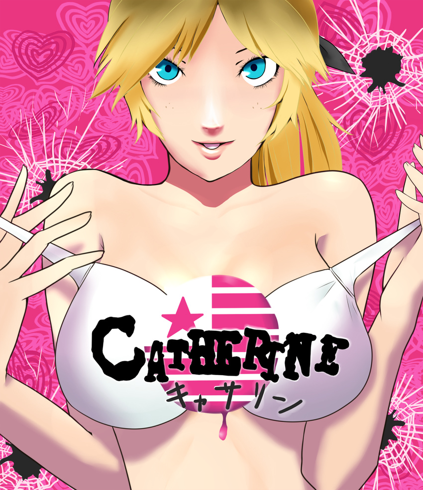 blonde_hair blue_eyes breasts catherine_(game) catherine_cover_parody freckles highres katharine_ohare large_breasts lips namesake parody solo tieck world_witches_series