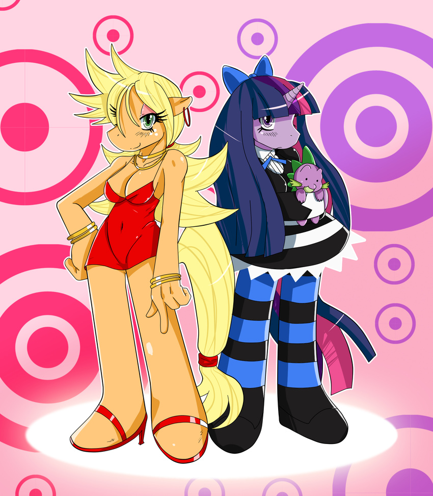 anime anthro anthrofied applejack_(mlp) blonde_hair bow bracelet breasts bullseye crossover dragon dress ear_piercing equine female friendship_is_magic gothic_lolita green_eyes hair hair_bow hair_tie high_heels horn horse jewelry jewlery legwear long_hair looking_at_viewer male mammal my_little_pony necklace necktie panty_(pswg) panty_and_stocking_with_garterbelt piercing plushie pony purple_eyes red_dress ruffles scalie short_hair sibling siblings sisters skirt spaghetti_strap spike_(mlp) sssonic2 standing stocking_(pswg) stockings striped_skirt striped_stockings stripes stuffed_toy tail target twilight_sparkle_(mlp) unicorn