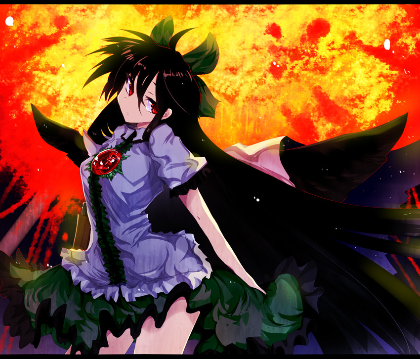 arm_cannon bad_id bad_pixiv_id black_hair blouse bow cape hair_bow letterboxed long_hair mizuga red_eyes reiuji_utsuho skirt solo touhou very_long_hair weapon wings