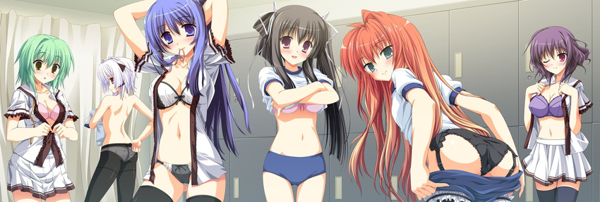 6+girls 6girls blush bow_bra bow_panties bra buruma crotch_seam dressing garter_straps highres lingerie locker_room looking_at_viewer multiple_girls open_clothes open_shirt panties panties_under_pantyhose pantyhose s88 school_uniform smile tamiya thighhighs topless underwear undressing vi wink