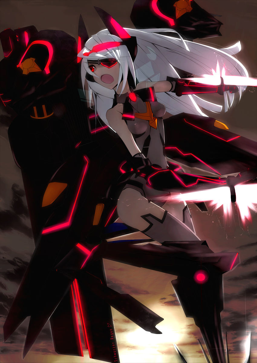 bare_shoulders bodysuit eyepatch hair_ornament highres infinite_stratos laura_bodewig long_hair mecha mecha_musume open_mouth red_eyes schwarzer_roegen silver_hair solo swimsuit thighhighs weapon