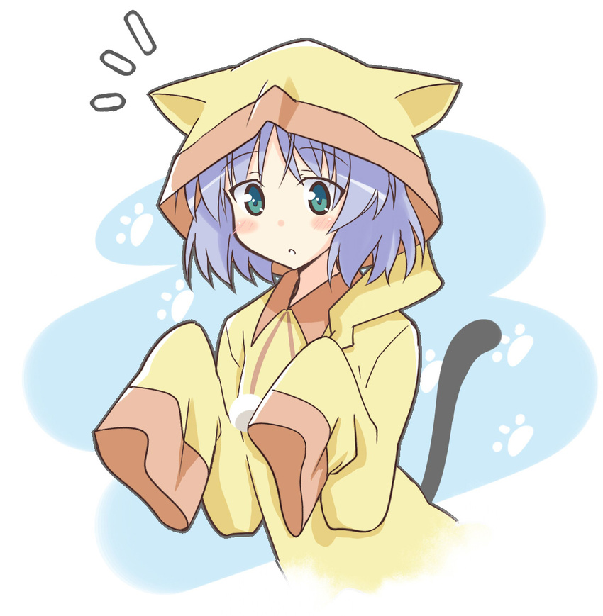 animal_hat blue_hair blush cat_hat cosplay green_eyes hat infinite_stratos itamochi kadowaki_mai nohotoke_honne nohotoke_honne_(cosplay) paw_print sanya_v_litvyak seiyuu_connection short_hair sleeves_past_fingers sleeves_past_wrists solo strike_witches tail world_witches_series