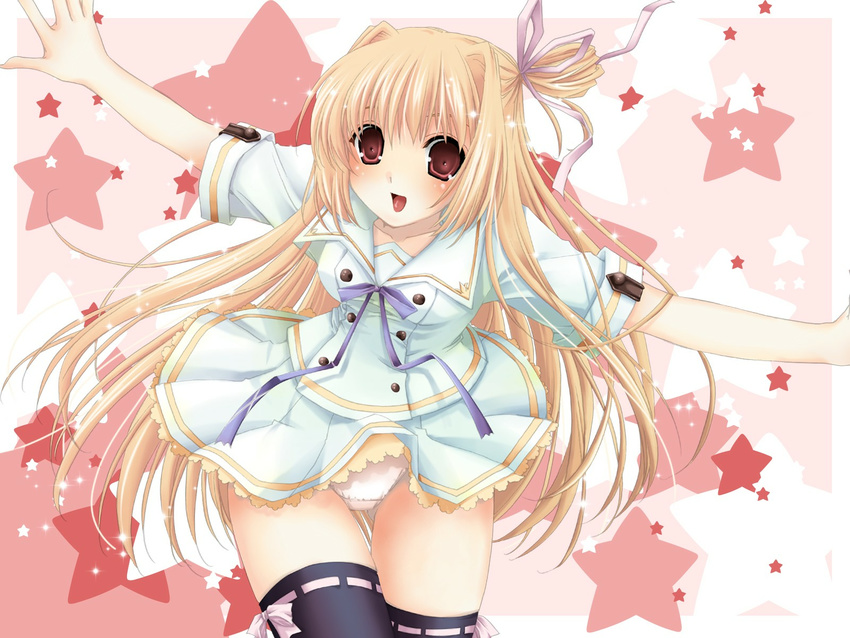 :d black_legwear blonde_hair brown_eyes highres hoshiful kusuhara_kotone long_hair one_side_up open_mouth outstretched_arms panties pink_background school_uniform skirt skirt_lift smile solo spread_arms star starry_background thighhighs underwear white_background white_panties white_skirt
