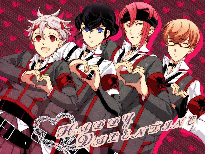 absurdres anime bag belt black_hair blue_eyes brown_hair choker colors_eyes glasses goulart goulart_knights hair heart highres hokuto_aoi knight knights love male male_focus men multiple_boys ninguna_almars ova piercing red_eyes red_hair regulo_emrode shonen short_ skirt smile ulbireo_ladnarash uniform white_hair yaoi