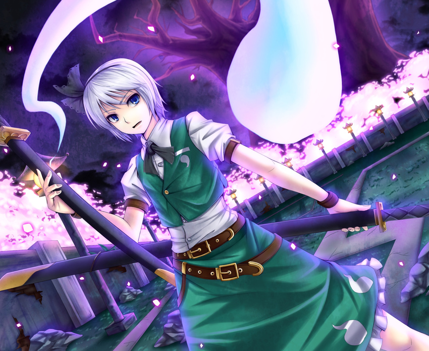 bare_tree belt blue_eyes dress_shirt dutch_angle gayprince hairband highres katana konpaku_youmu konpaku_youmu_(ghost) scabbard sheath shirt short_hair silver_hair solo sword touhou tree vest weapon white_hair