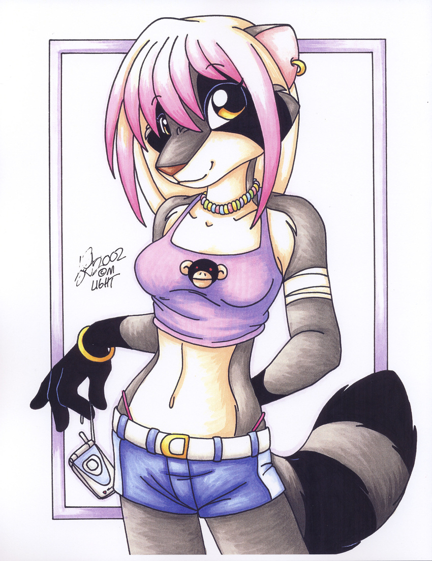 absurd_res amber_eyes anthro candy candy_necklace cellphone clothed clothing ear_piercing female hair hi_res mammal michele_light necklace phone piercing pink_hair pinup pose raccoon shirt shorts skimpy solo tank_top traditional_media