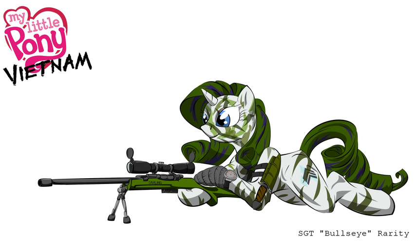 camo cutie_mark equine female feral friendship_is_magic hair horn horns horse knife mammal my_little_pony plain_background pony rarity_(mlp) sniper_rifle solo two_tone_hair unicorn unknown_artist vietnam watch weapon white_background