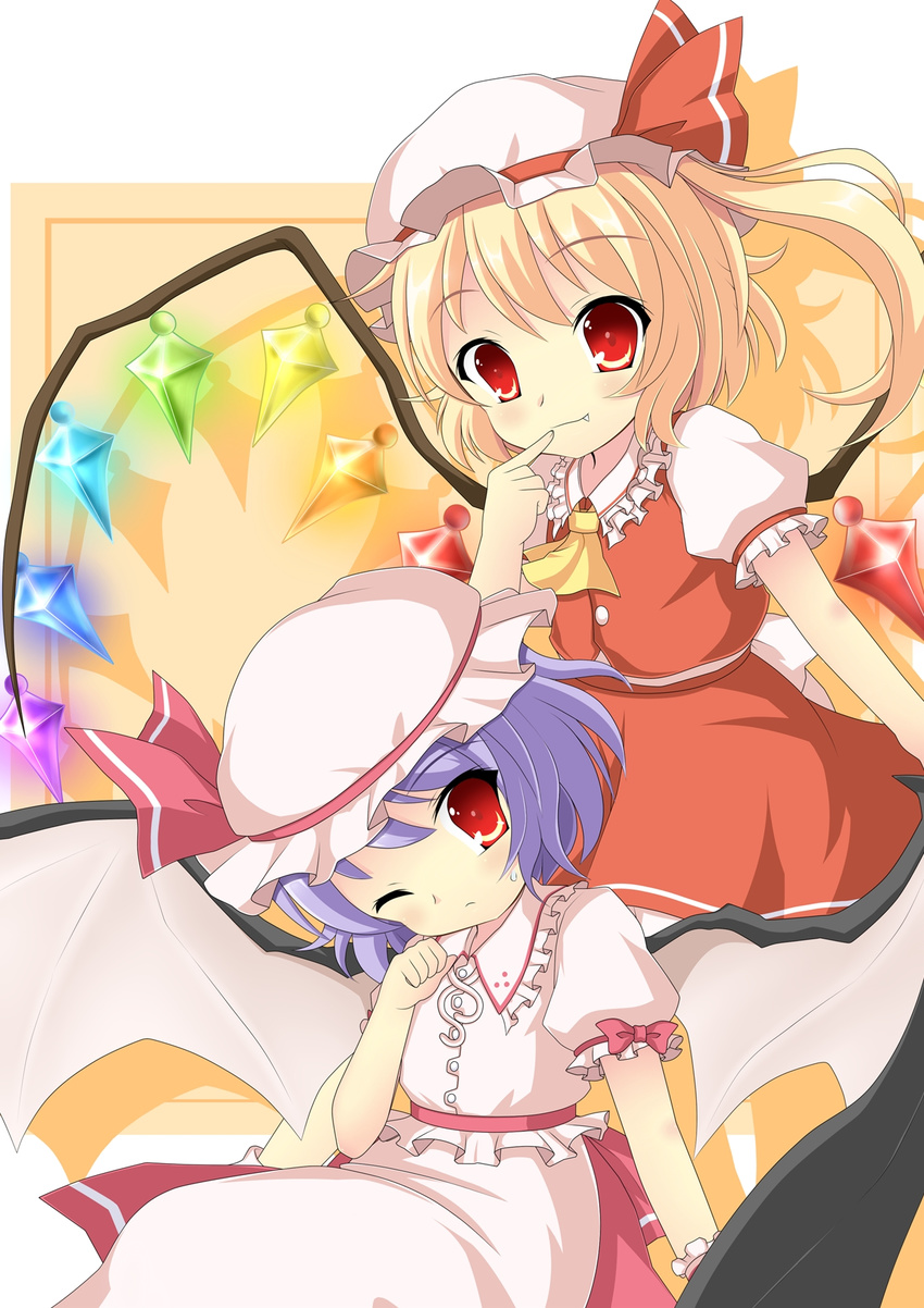 bat_wings blonde_hair blue_hair flandre_scarlet hat highres kumatoshi multiple_girls red_eyes remilia_scarlet siblings sisters touhou wings