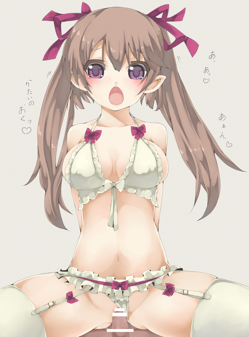 1girl arutoria bare_shoulders blush breasts breasts_apart brown_hair censored hair_ribbon hetero highres himekaidou_hatate long_hair medium_breasts non-web_source open_mouth penis pink_eyes pointy_ears purple_eyes ribbon sex solo_focus spread_legs straddling thighhighs touhou twintails vaginal white_legwear