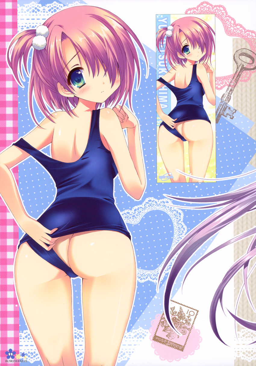 1girl absurdres ass blue_eyes copyright_request hair_over_one_eye highres looking_back one-piece_swimsuit pink_hair purple_hair school_swimsuit short_hair swimsuit swimsuit_aside tsukishima_yuuko