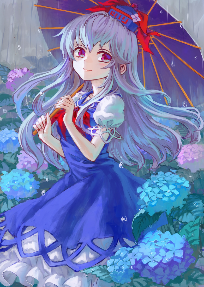 album_cover ama-tou blue_hair cover dress flower hat hat_flower highres hydrangea kamishirasawa_keine long_hair oriental_umbrella pink_eyes rain short_sleeves smile solo touhou umbrella water_drop