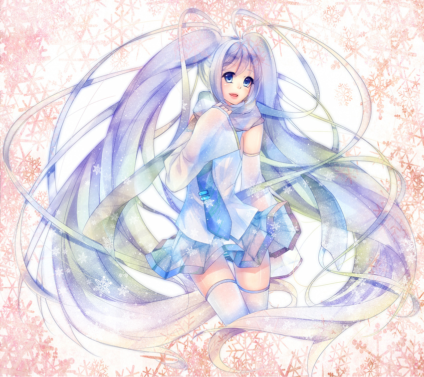 bad_id bad_pixiv_id blue_eyes blue_hair detached_sleeves hatsune_miku highres long_hair murasawa_kyara scarf smile snowflakes solo thighhighs twintails very_long_hair vocaloid yuki_miku zettai_ryouiki