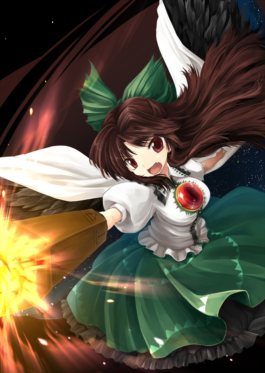 absurdres arm_cannon bad_id bad_pixiv_id bow brown_hair hair_bow highres long_hair narumizg red_eyes reiuji_utsuho solo third_eye touhou weapon wings