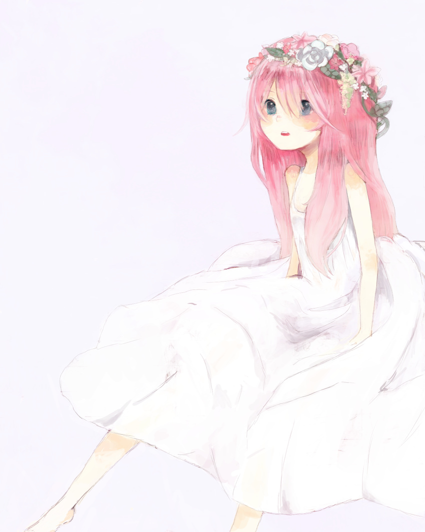 bad_id bad_pixiv_id blue_eyes dress flower head_wreath highres just_be_friends_(vocaloid) kickhim long_hair megurine_luka pink_hair solo vocaloid white_dress