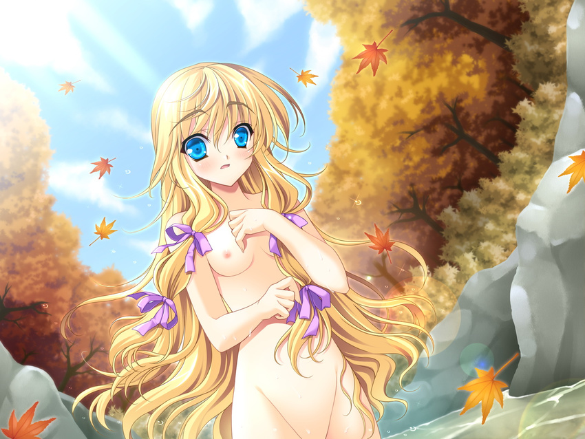 blonde_hair blue_eyes breasts game_cg kurenai_no_tsuki leaves long_hair nipples nude riv saginomiya_hiori