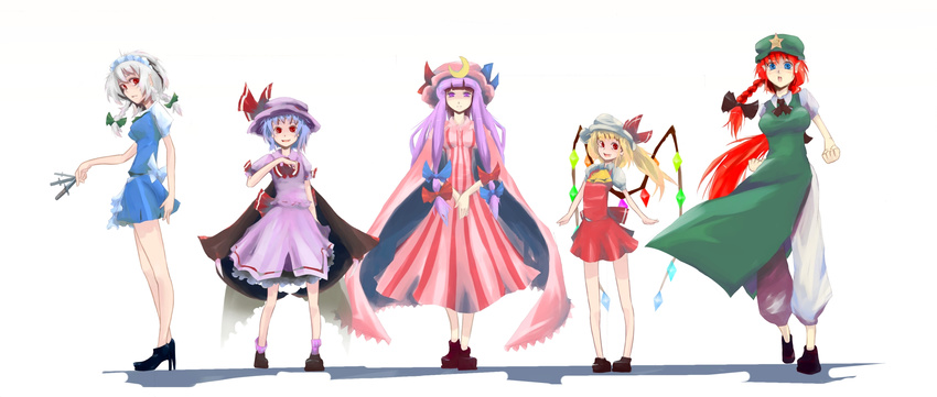 absurdres fang flandre_scarlet hands_together highres hong_meiling izayoi_sakuya knife multiple_girls no_socks open_mouth patchouli_knowledge remilia_scarlet smile tatwuku touhou