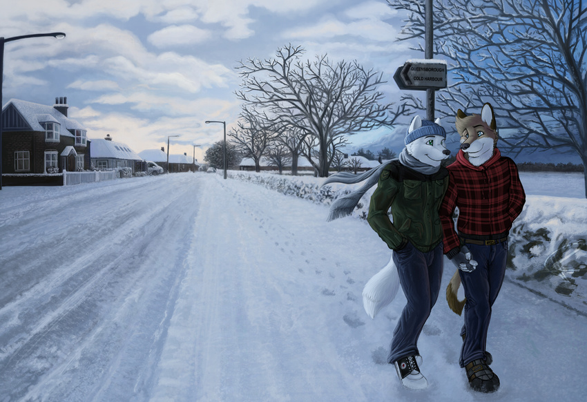 blue_eyes brown brown_fur canine clothing cold couple cute dog ears eyes flannel fluke fox fur gay green_eyes hand_holding happy hat jacket jeans love male mammal not_rl_picture paws road scarf shirt shoes sky smile snow walking white white_fur winter