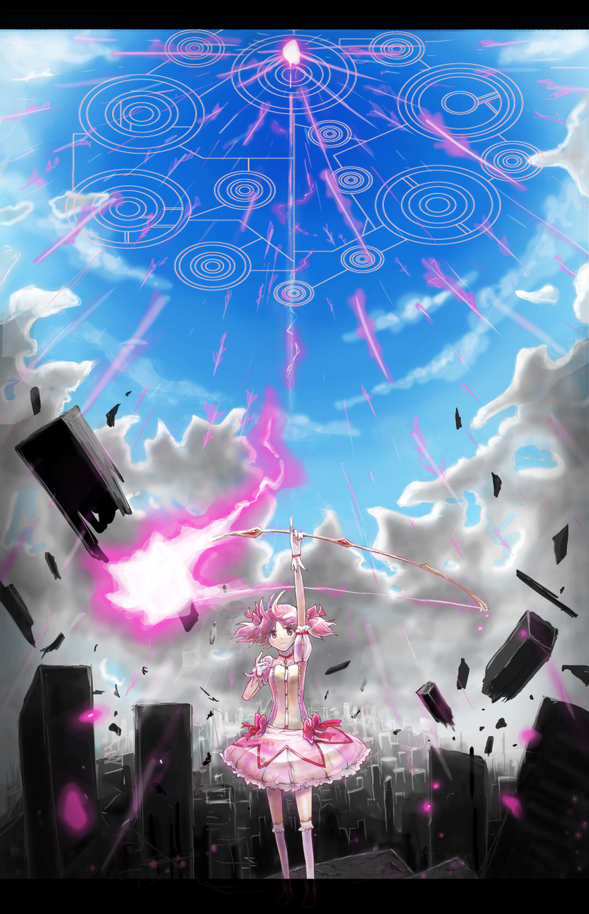 absurdres bad_id bad_pixiv_id bow_(weapon) cityscape day destruction gloves highres kaname_madoka kin_(chi1r0ru) magic magic_circle magical_girl mahou_shoujo_madoka_magica pink_hair pointing pointing_up red_eyes scenery short_hair sky solo weapon