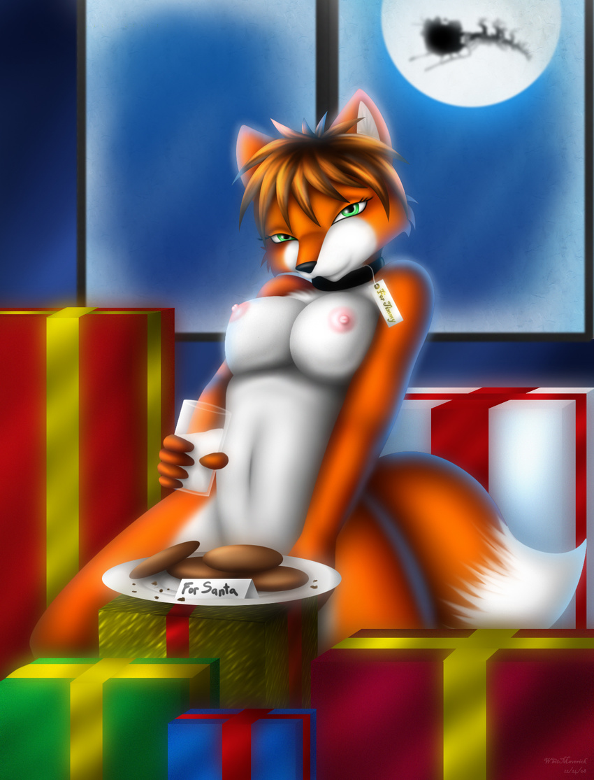 breasts canine collar cookie female fox gift looking_at_viewer milk moon nude prostitution santa sleigh solo strategically_placed_object whitmaverick window xmas