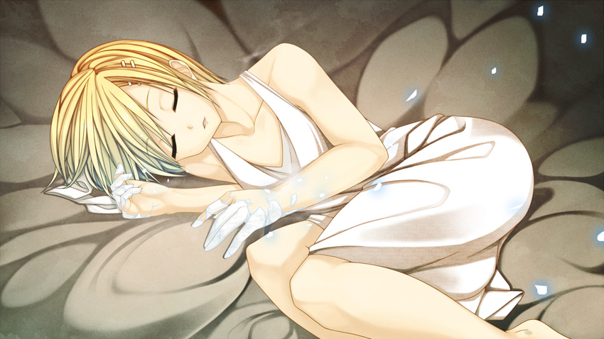 bare_shoulders barefoot blonde_hair closed_eyes dress feet_out_of_frame fetal_position frozen hair_ornament hair_ribbon hairclip kagamine_rin lying mikago_kotaro on_side open_mouth ribbon short_hair sleeping solo vocaloid white_dress