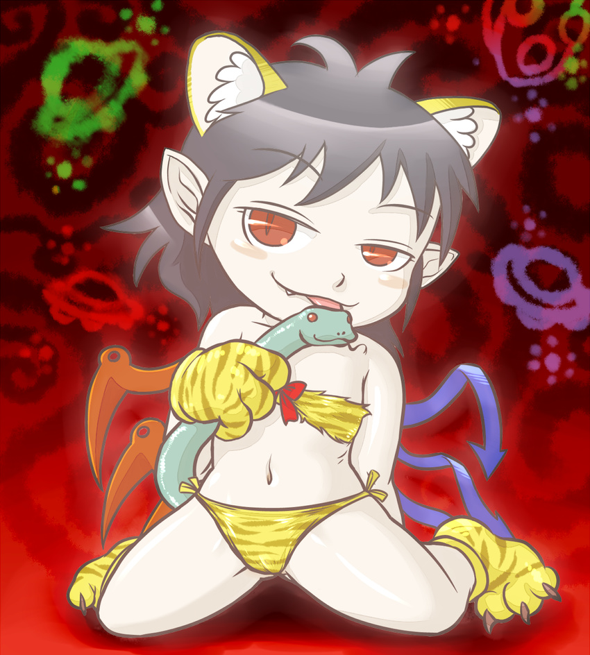 :p animal_ears animal_print asymmetrical_wings bikini blue_wings claws extra_ears highres houjuu_nue kneeling licking paws pointy_ears red_eyes red_wings short_hair sitting smile snake solo spread_legs striped swimsuit tail tiger_ears tiger_print tiger_tail tongue tongue_out touhou wariza wings yukaran_nosuke