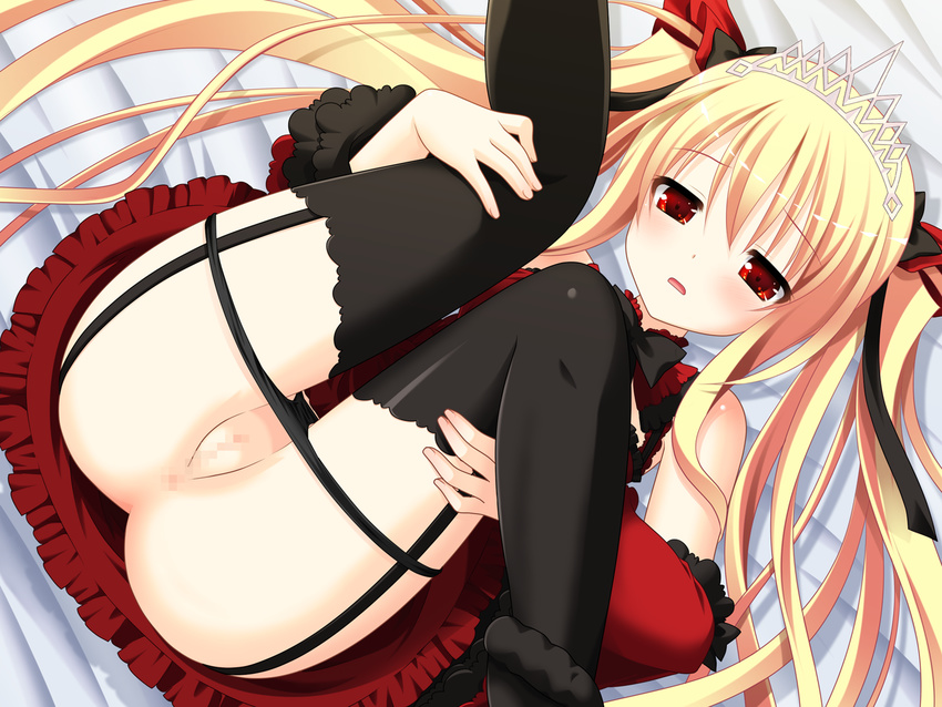 bed blonde_hair bloody_rondo censored game_cg luna_freed_queen makita_maki panties pussy red_eyes twintails underwear