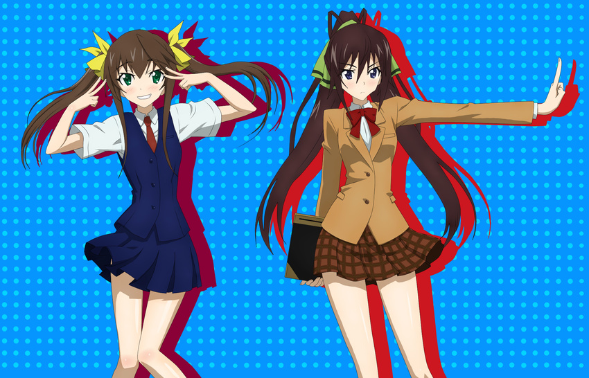 2girls black_hair blue_eyes brown_hair cosplay green_eyes grin hair_ribbon highres huang_lingyin infinite_stratos long_hair multiple_girls ponytail ribbon school_uniform seitokai_yakuindomo seiyuu_connection seiyuu_joke shinonono_houki skirt smile twintails