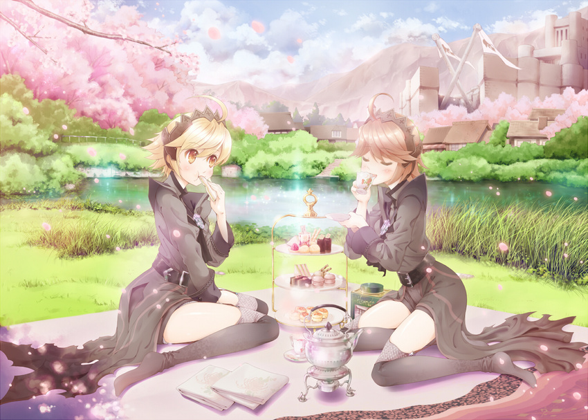 character_request cherry_blossoms eating fantasy_earth_zero food landscape multiple_girls picnic ryouku scenery thighhighs