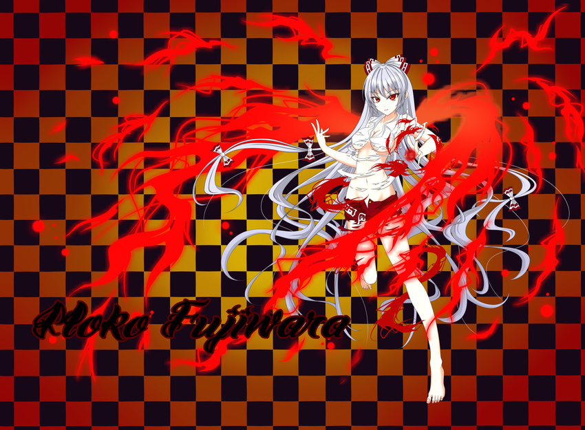 absurdres barefoot bow breasts checkered checkered_background cleavage fiery_wings fujiwara_no_mokou gmot hair_bow highres long_hair medium_breasts red_eyes shorts silver_hair solo torn_clothes touhou underboob very_long_hair wings