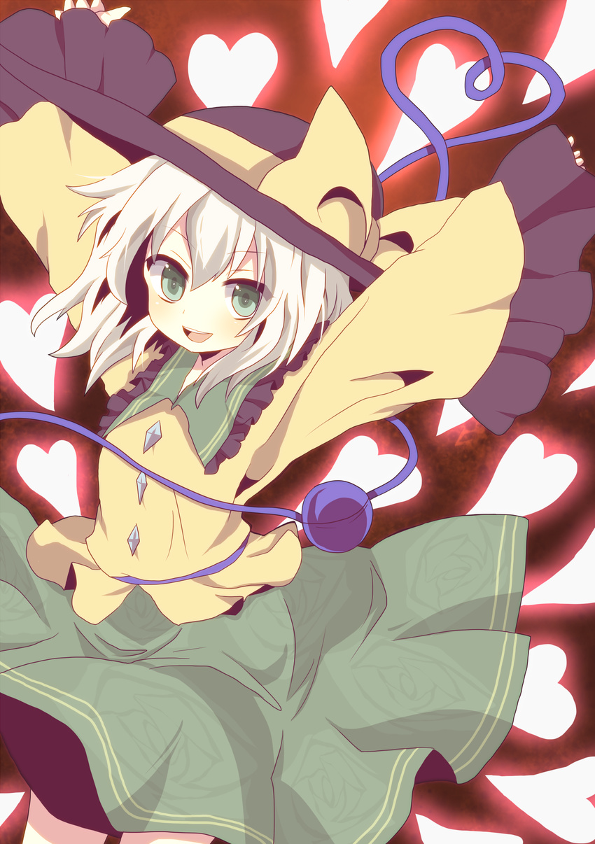 bad_id bad_pixiv_id bow danmaku green_eyes grey_hair hat heart heart_of_string highres komeiji_koishi mari_audio open_mouth outstretched_arms smile solo touhou