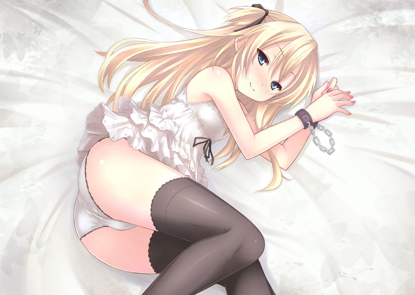 ass bed blonde_hair blue_eyes duplicate long_hair panties quiz_magic_academy ryo shalon thighhighs underwear