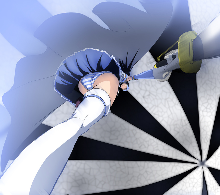 ass battle blue_hair cape foreshortening from_below gloves highres magical_girl mahou_shoujo_madoka_magica miki_sayaka panties shino_(comic_penguin_club) solo striped striped_panties sword thighhighs underwear weapon white_gloves white_legwear witch's_labyrinth