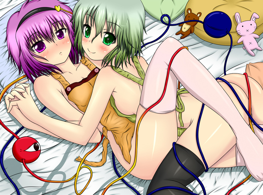 apron bad_id bad_pixiv_id black_legwear green_eyes green_hair highres komeiji_koishi komeiji_satori looking_at_viewer multiple_girls naked_apron purple_eyes purple_hair siblings sisters symbol-shaped_pupils thighhighs toranashi touhou