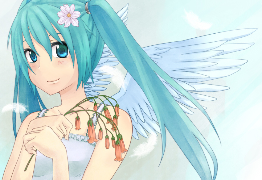 angel_wings aqua_hair asami_(palette) bad_id bad_pixiv_id blue_eyes feathers flower hair_flower hair_ornament hatsune_miku long_hair smile solo twintails vocaloid wings