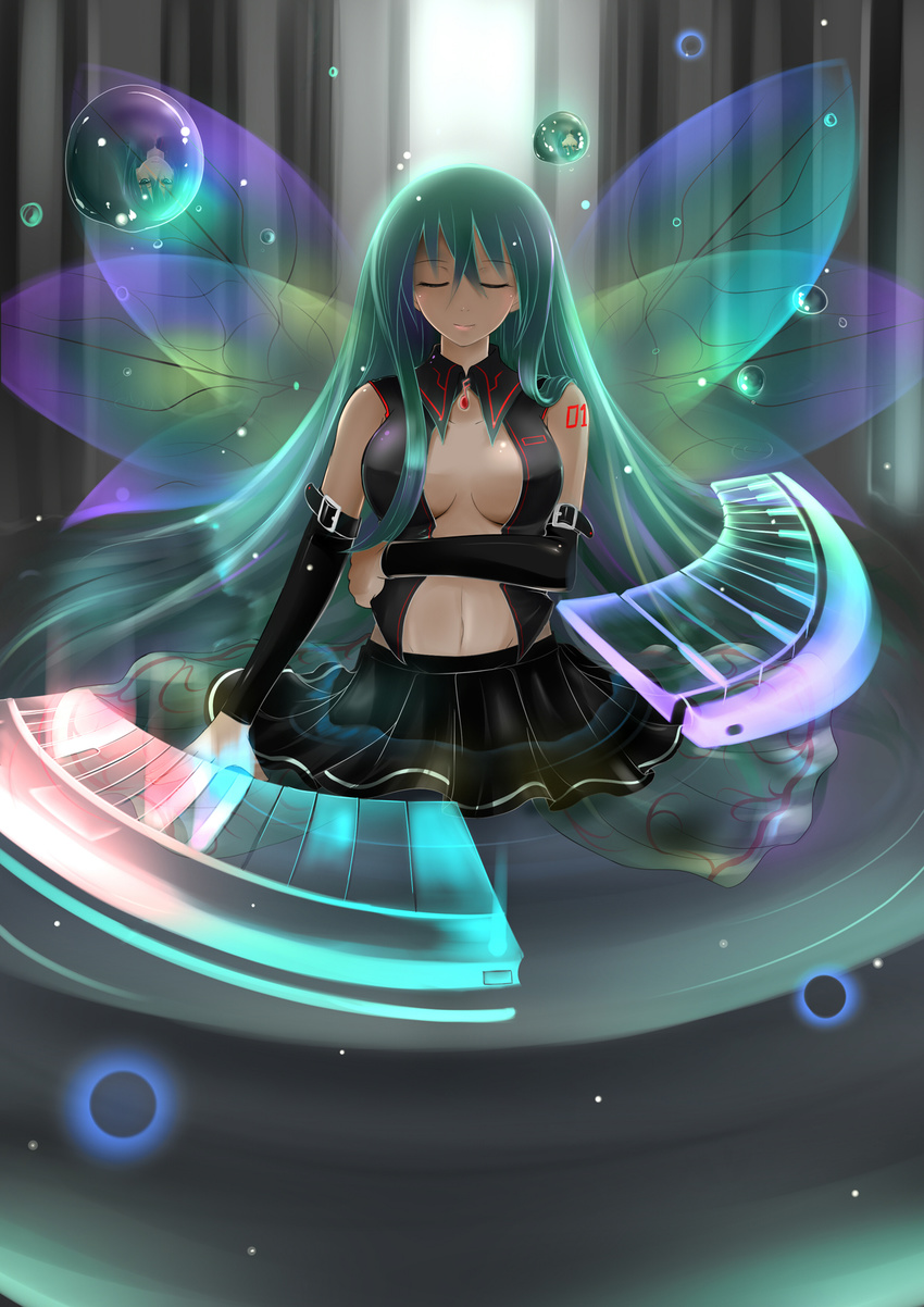 alternate_costume alternate_hairstyle breasts catstudioinc_(punepuni) cleavage closed_eyes floating floating_object green_hair hatsune_miku highres instrument keyboard_(instrument) long_hair medium_breasts revealing_clothes solo very_long_hair vocaloid wings