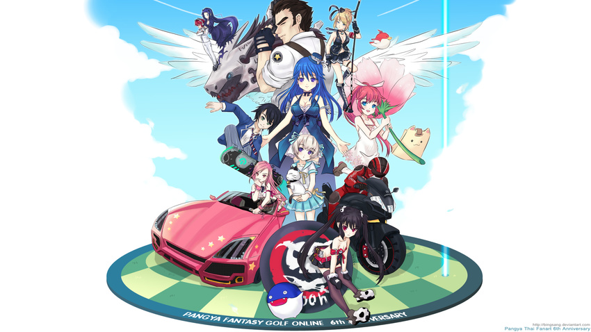 arin azer bingsang black_hair blonde_hair blue_eyes blue_hair breasts brown_hair cannonballs car cat cecilia_(pangya) cleavage closed_eyes dragon dress flat_chest ground_vehicle hair_bun hair_ribbon hana_(pangya) hat helmet highres kaz kooh long_hair lucia_(pangya) max_(pangya) medium_breasts motor_vehicle motorcycle multiple_girls nell_(pangya) nuri otoko_no_ko pangya papel pepper_(pangya) pink_eyes pink_hair ponytail purple_eyes red_eyes ribbon school_uniform serafuku shoes short_hair silver_hair skateboard skirt thighhighs twintails