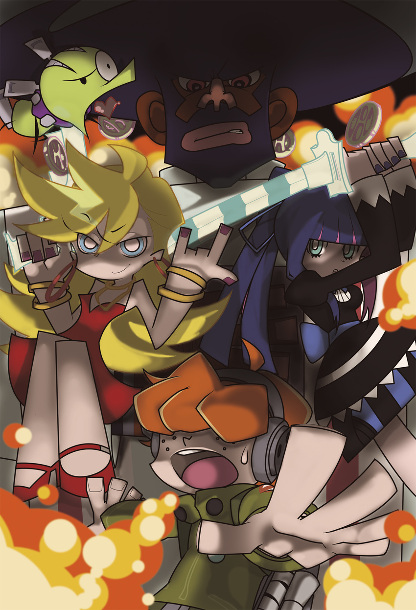 back_lace brief_(character) brief_(psg) chuck chuck_(psg) garterbelt_(character) garterbelt_(psg) gun highres panty_&amp;_stocking_with_garterbelt panty_(character) panty_(psg) stocking_(character) stocking_(psg) stripes_i_&amp;_ii sword weapon youjja